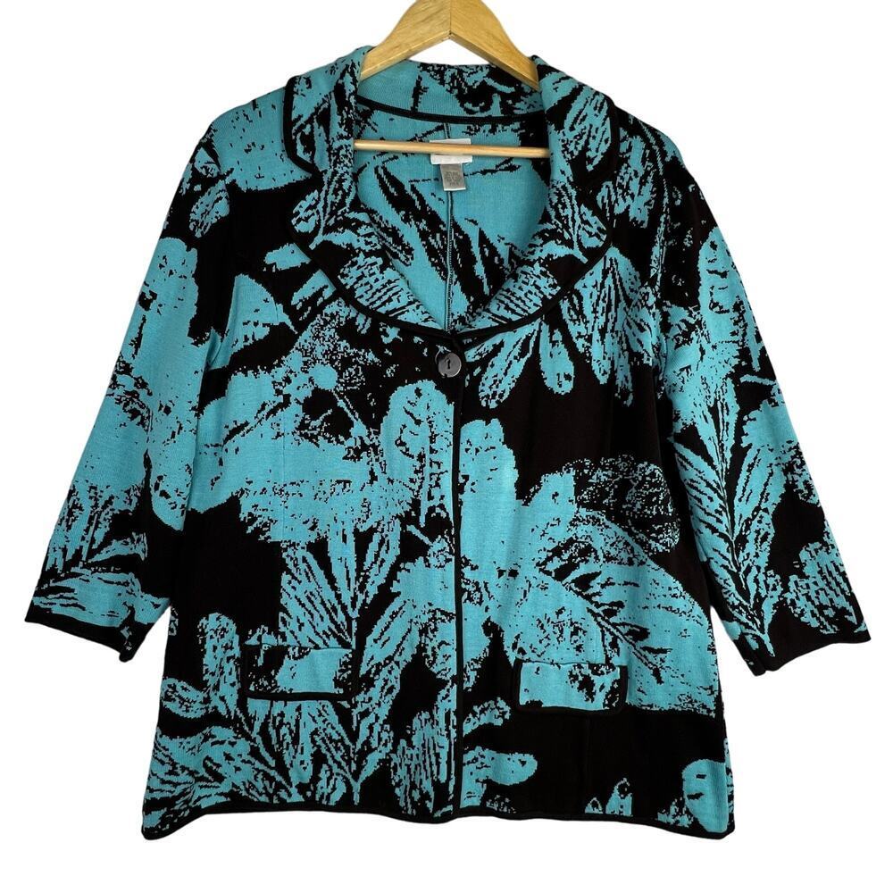 Chico Silk Artsy Cornflower Blue Black Floral Open Front Cardigan Sweater XL